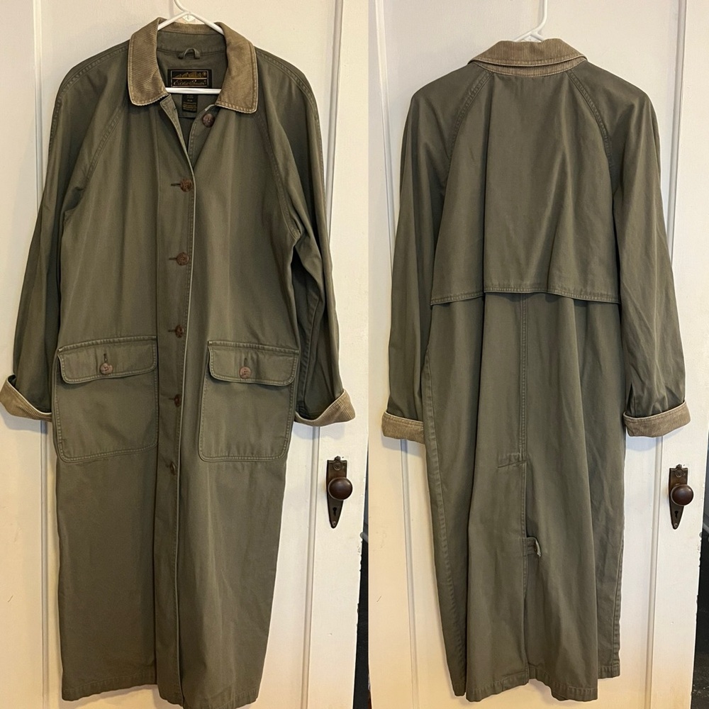 Eddie Bauer Olive Long Chore Coat with Corduroy Collar